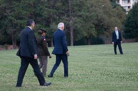 President Joe Biden boards Marine One at Fort Lesley J. McNair