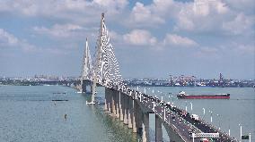 Vehicles Travel on the Shanghai-Suzhou-Nantong Yangtze River Bridge in Suzhou