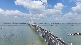 Vehicles Travel on the Shanghai-Suzhou-Nantong Yangtze River Bridge in Suzhou