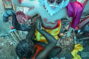 Preparing The Idols Of Vishwokarma Baba In Nepal.