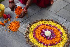 Flower Rangoli During The Onam Festival In Canada