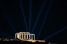 Illumination Of The Temple Of Poseidon In Sounion