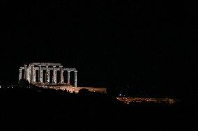 Illumination Of The Temple Of Poseidon In Sounion