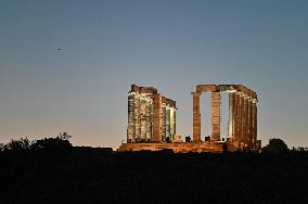 Illumination Of The Temple Of Poseidon In Sounion