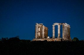 Illumination Of The Temple Of Poseidon In Sounion