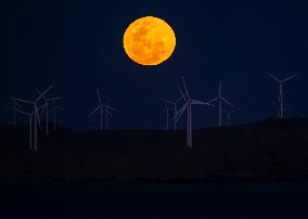 A Supermoon Rises Above The Wind Turbines - Australia