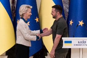 Ukrainian President Volodymyr Zelenskiy And European Commission President Ursula Von Der Leyen Attend A Joint Press Conference I