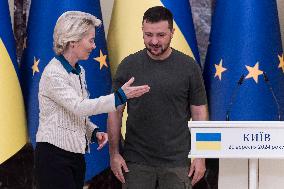 Ukrainian President Volodymyr Zelenskiy And European Commission President Ursula Von Der Leyen Attend A Joint Press Conference I