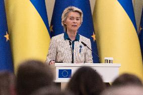 Ukrainian President Volodymyr Zelenskiy And European Commission President Ursula Von Der Leyen Attend A Joint Press Conference I