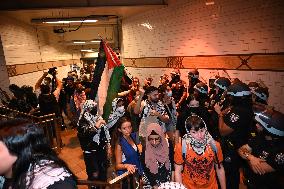 Protesters In Brooklyn New York City Demonstrate On Sutter Avenue Subway Shooting, Lebanon Attacks And Palestine