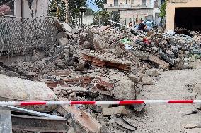 Building Collapse In The Neapolitan Area, People Are Digging Through The Rubble.