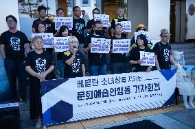 Press Conference Opposing The Removal Of The Peace Statue In Berlin