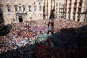 Human Towers In Barcelona During La Mercè, The City's Popular Festival.