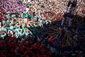 Human Towers In Barcelona During La Mercè, The City's Popular Festival.