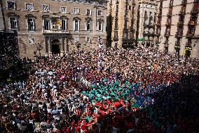 Human Towers In Barcelona During La Mercè, The City's Popular Festival.