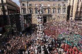 Human Towers In Barcelona During La Mercè, The City's Popular Festival.