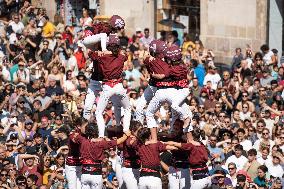 Human Towers In Barcelona During La Mercè, The City's Popular Festival.