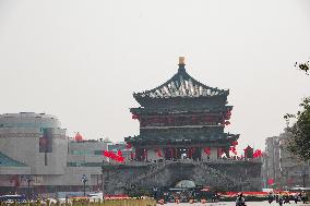 Xi 'an Bell Tower Decorated With National Flags