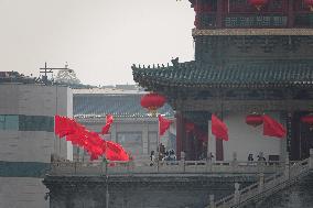 Xi 'an Bell Tower Decorated With National Flags