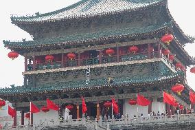 Xi 'an Bell Tower Decorated With National Flags