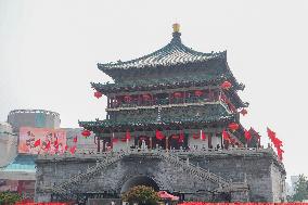 Xi 'an Bell Tower Decorated With National Flags