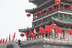 Xi 'an Bell Tower Decorated With National Flags