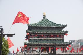 Xi 'an Bell Tower Decorated With National Flags