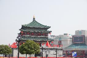 Xi 'an Bell Tower Decorated With National Flags