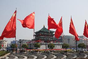 Xi 'an Bell Tower Decorated With National Flags