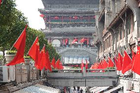 Xi 'an Bell Tower Decorated With National Flags