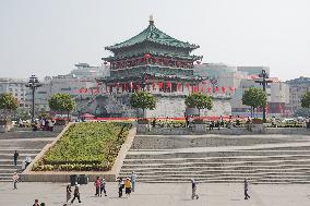 Xi 'an Bell Tower Decorated With National Flags