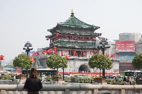 Xi 'an Bell Tower Decorated With National Flags