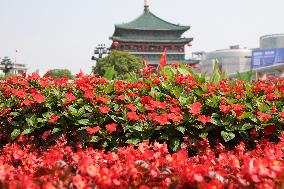 Xi 'an Bell Tower Decorated With National Flags