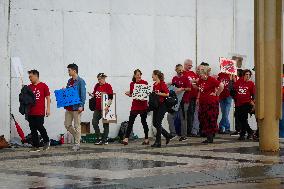 Musicians From The National Symphony Orchestra March A Picket Line At The Kennedy Center In Washington D.C. On September 27, 202