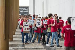 Musicians From The National Symphony Orchestra March A Picket Line At The Kennedy Center In Washington D.C. On September 27, 202