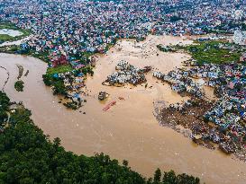 Drone View Of The Nakhu River Flooded In Lalitpur, Nepal.