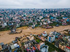 Drone View Of The Nakhu River Flooded In Lalitpur, Nepal.