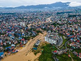 Drone View Of The Nakhu River Flooded In Lalitpur, Nepal.