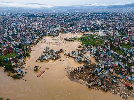 Drone View Of The Nakhu River Flooded In Lalitpur, Nepal.