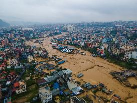 Drone View Of The Nakhu River Flooded In Lalitpur, Nepal.