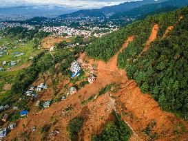 Drone View Charghare Roadblocks Caused By Landslides In Southern Lalitpur, Nepal.