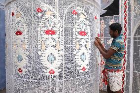 Jamdani Design Decorate Durga Puja Pandal, In West Bengal, Kolkata, India - 30 Sep 2024