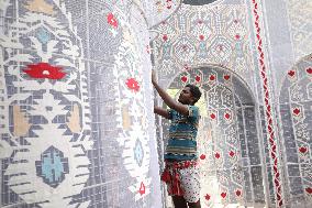 Jamdani Design Decorate Durga Puja Pandal, In West Bengal, Kolkata, India - 30 Sep 2024