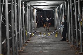 NYPD Crime Scene At Scene Of One Man Fatally Shot And Two Other Men Injured Following A Shooting In The Bedford-Stuyvesant Secti