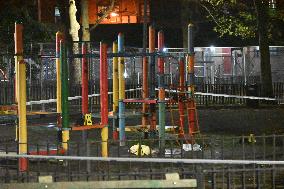 NYPD Crime Scene At Scene Of One Man Fatally Shot And Two Other Men Injured Following A Shooting In The Bedford-Stuyvesant Secti