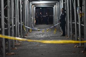 NYPD Crime Scene At Scene Of One Man Fatally Shot And Two Other Men Injured Following A Shooting In The Bedford-Stuyvesant Secti