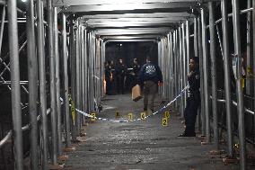 NYPD Crime Scene At Scene Of One Man Fatally Shot And Two Other Men Injured Following A Shooting In The Bedford-Stuyvesant Secti