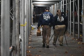 NYPD Crime Scene At Scene Of One Man Fatally Shot And Two Other Men Injured Following A Shooting In The Bedford-Stuyvesant Secti