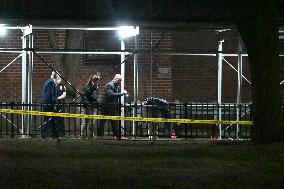 NYPD Crime Scene At Scene Of One Man Fatally Shot And Two Other Men Injured Following A Shooting In The Bedford-Stuyvesant Secti