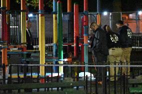 NYPD Crime Scene At Scene Of One Man Fatally Shot And Two Other Men Injured Following A Shooting In The Bedford-Stuyvesant Secti